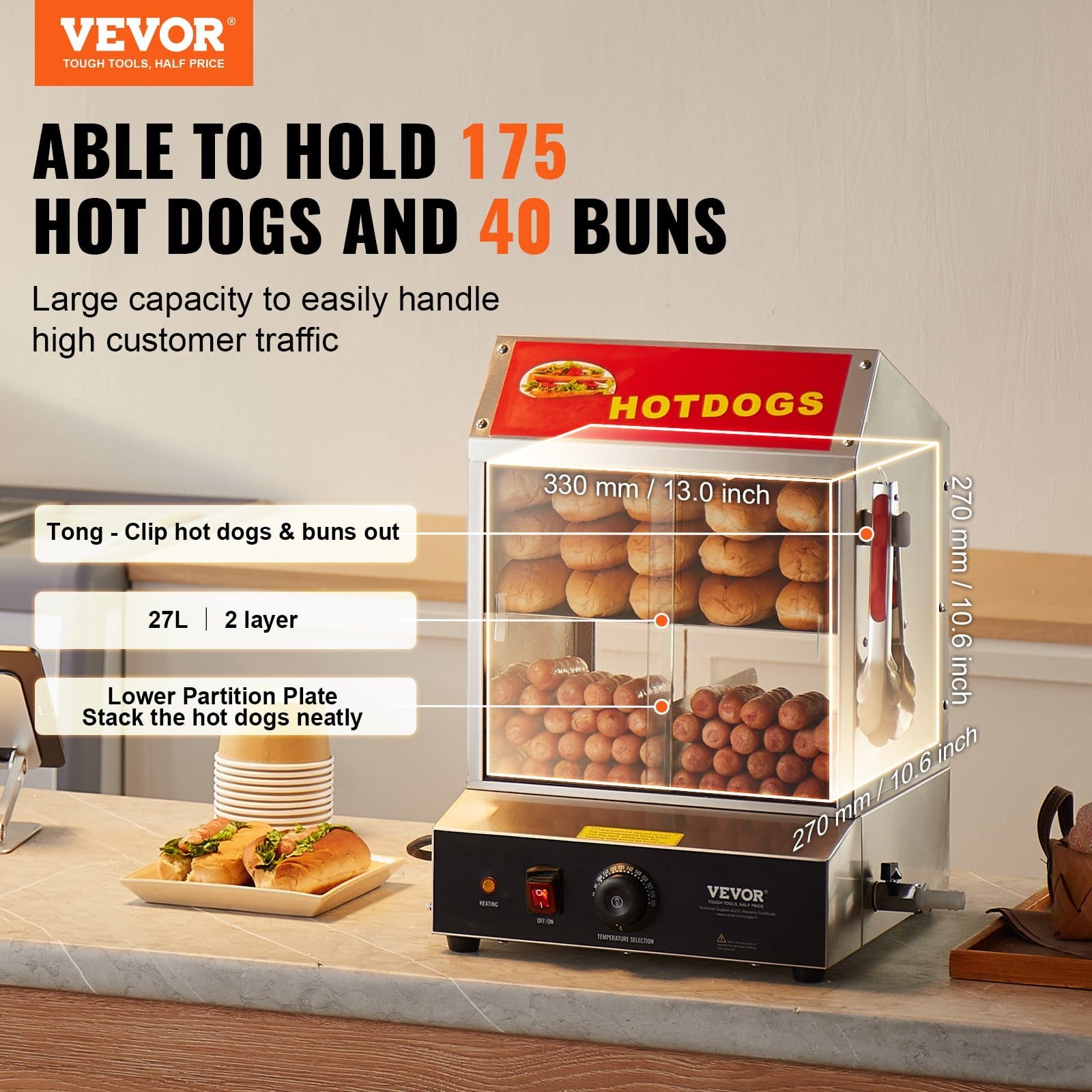Hot Dog Steamer, 28.5QT, 2-Tier Hot Dog Hut Steamer, 86?„‰~185?„‰ Temperature Control, Electric Bun Warmer with Tempered Glass Slide Doors Partition Plate Tong, Stainless Steel, for Hot Dogs & Buns - Image 2