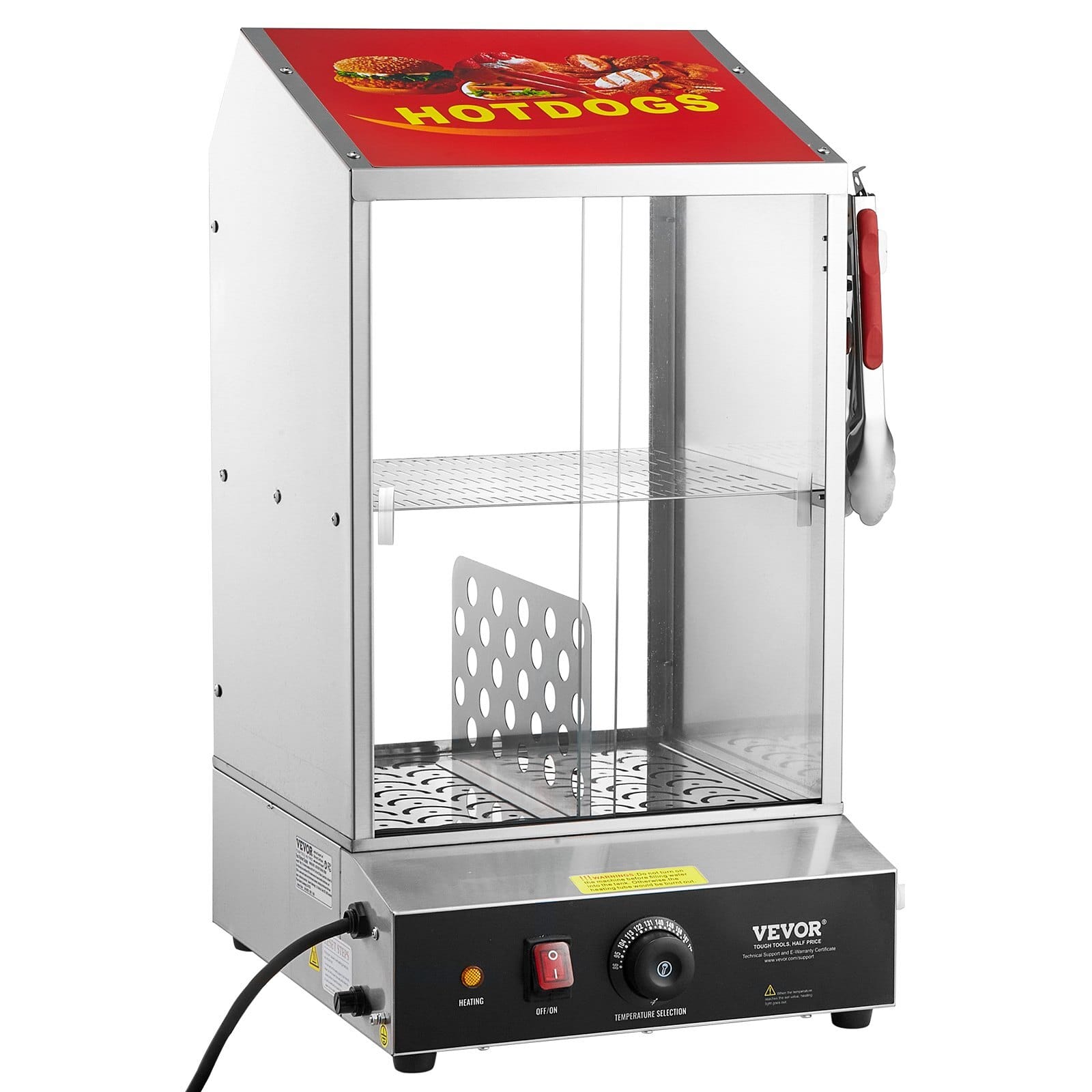 Hot Dog Steamer, 39QT, 2-Tier Hot Dog Hut Steamer, 86?&bdquo;&permil;~185?&bdquo;&permil; Temperature Control, Electric Bun Warmer with Tempered Glass Slide Doors Partition Plate Tong, Stainless Steel, for Hot Dogs & Buns