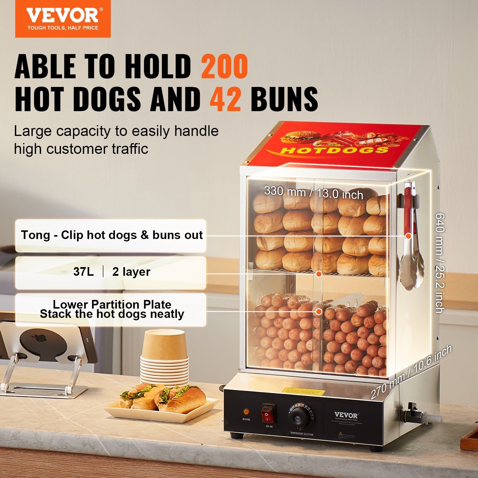 Hot Dog Steamer, 39QT, 2-Tier Hot Dog Hut Steamer, 86?„‰~185?„‰ Temperature Control, Electric Bun Warmer with Tempered Glass Slide Doors Partition Plate Tong, Stainless Steel, for Hot Dogs & Buns - Image 2