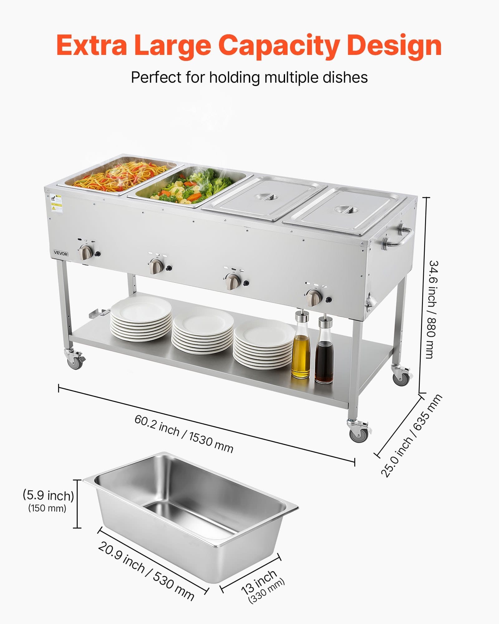 4-Pan Commercial Propane Steam Table, LP Gas Outdoor Soup Warmer with Drain Valve and 3" Wheels, Stainless Steel Propane Food Warmer with Independent Temp Control, for Restaurant Outdoor Camping