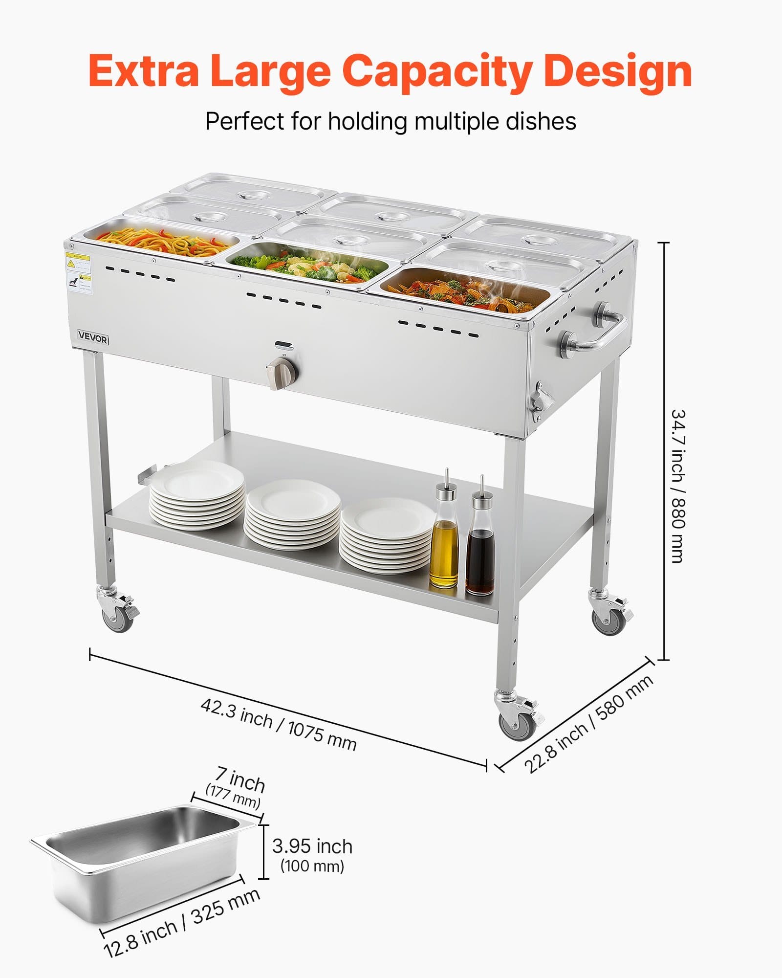 9-Pan Commercial Propane Steam Table, LP Gas Outdoor Soup Warmer with Drain Valve and 3" Wheels, Stainless Steel Propane Food Warmer with Adjustable Temperature, for Restaurant Outdoor Camping