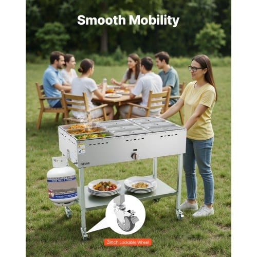 9-Pan Commercial Propane Steam Table, LP Gas Outdoor Soup Warmer with Drain Valve and 3" Wheels, Stainless Steel Propane Food Warmer with Adjustable Temperature, for Restaurant Outdoor Camping - Image 2