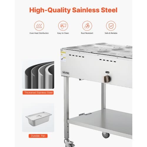 9-Pan Commercial Propane Steam Table, LP Gas Outdoor Soup Warmer with Drain Valve and 3" Wheels, Stainless Steel Propane Food Warmer with Adjustable Temperature, for Restaurant Outdoor Camping - Image 4