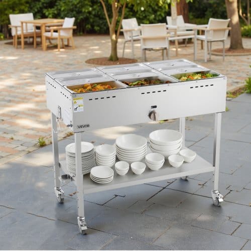 9-Pan Commercial Propane Steam Table, LP Gas Outdoor Soup Warmer with Drain Valve and 3" Wheels, Stainless Steel Propane Food Warmer with Adjustable Temperature, for Restaurant Outdoor Camping - Image 7