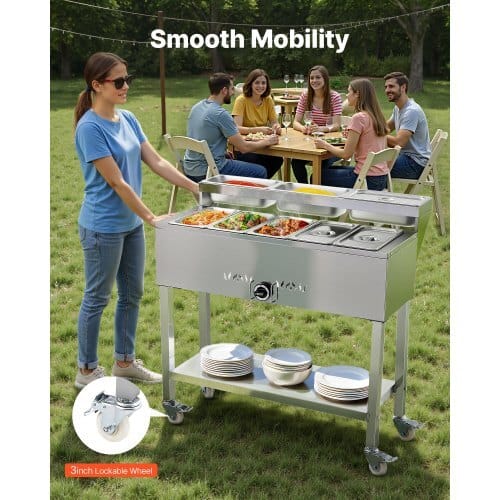 Commercial Propane Steam Table, 5 Food Pans & 3 Condiment Pans, LP Gas Outdoor Soup Warmer with Drain Valve and 3" Wheels, Stainless Steel Propane Food Warmer with Adjustable Temp for Outdoor - Image 2