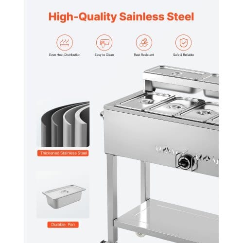 Commercial Propane Steam Table, 5 Food Pans & 3 Condiment Pans, LP Gas Outdoor Soup Warmer with Drain Valve and 3" Wheels, Stainless Steel Propane Food Warmer with Adjustable Temp for Outdoor - Image 4