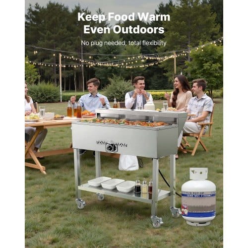 Commercial Propane Steam Table, 5 Food Pans & 3 Condiment Pans, LP Gas Outdoor Soup Warmer with Drain Valve and 3" Wheels, Stainless Steel Propane Food Warmer with Adjustable Temp for Outdoor - Image 5