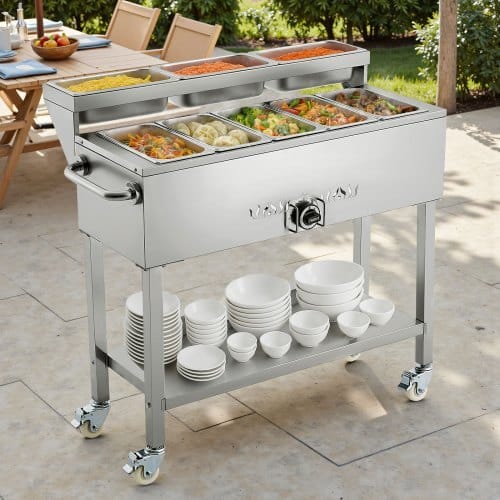 Commercial Propane Steam Table, 5 Food Pans & 3 Condiment Pans, LP Gas Outdoor Soup Warmer with Drain Valve and 3" Wheels, Stainless Steel Propane Food Warmer with Adjustable Temp for Outdoor - Image 7