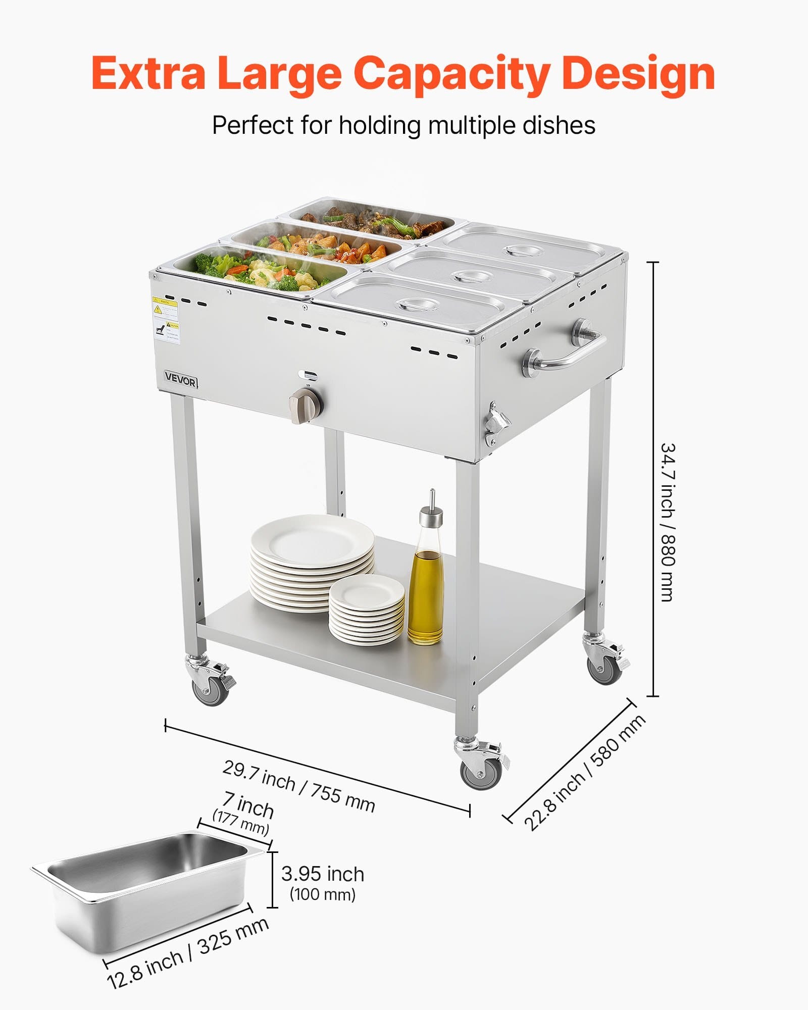 6-Pan Commercial Propane Steam Table, LP Gas Outdoor Soup Warmer with Drain Valve and 3" Wheels, Stainless Steel Propane Food Warmer with Adjustable Temperature, for Restaurant Outdoor Camping