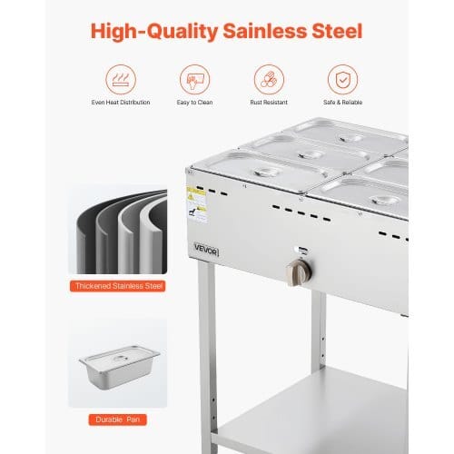 6-Pan Commercial Propane Steam Table, LP Gas Outdoor Soup Warmer with Drain Valve and 3" Wheels, Stainless Steel Propane Food Warmer with Adjustable Temperature, for Restaurant Outdoor Camping - Image 4