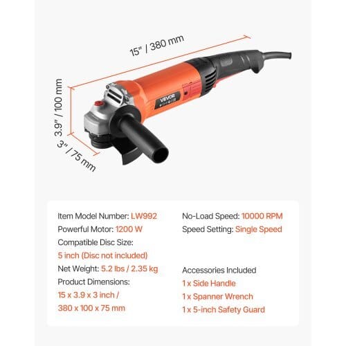 Angle Grinder, 5" Electric Grinder Power Tool, 10Amps 10000RPM High-Speed Corded Angle Grinders with 230?° Adjustable Dust Guard for Metal Grinding, Cutting, Rust Removal (Disc Not Included) - Image 6
