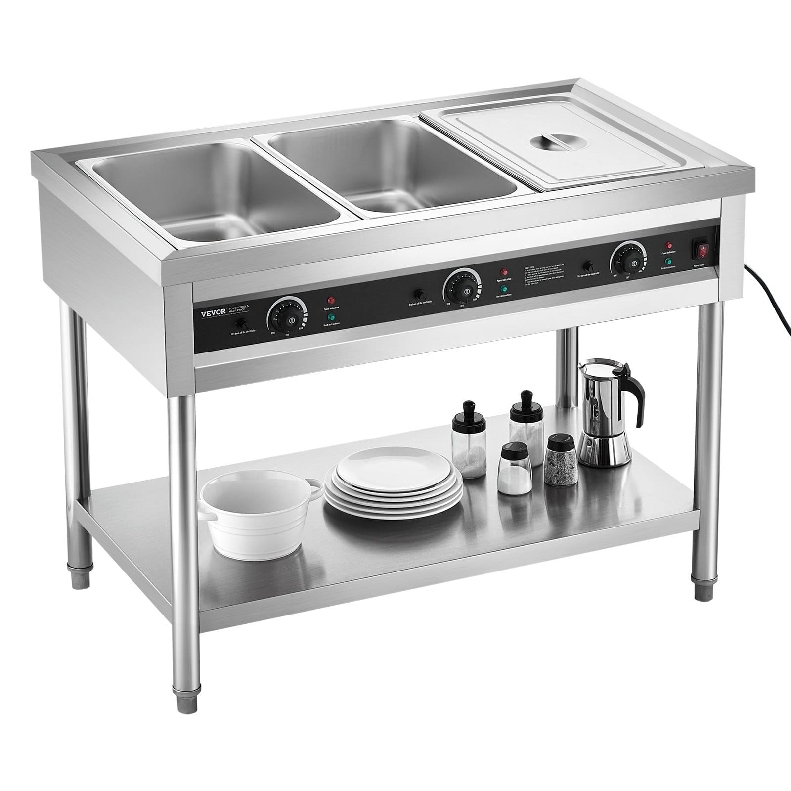 3-Pan Commercial Food Warmer, Electric Steam Table with Independent Temperature Control, 450W x 3 Stainless Steel Buffet Catering Food Warmer with Undershelf, for Restaurant Party