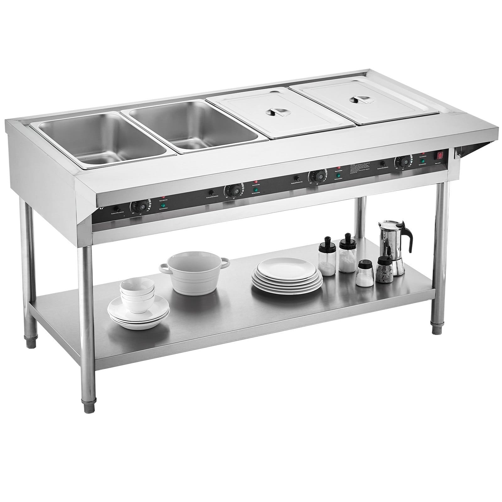 4-Pan Commercial Food Warmer, Electric Steam Table with Independent Temperature Control, 450W x 4 Stainless Steel Buffet Catering Food Warmer with Undershelf and Workspace, for Restaurant
