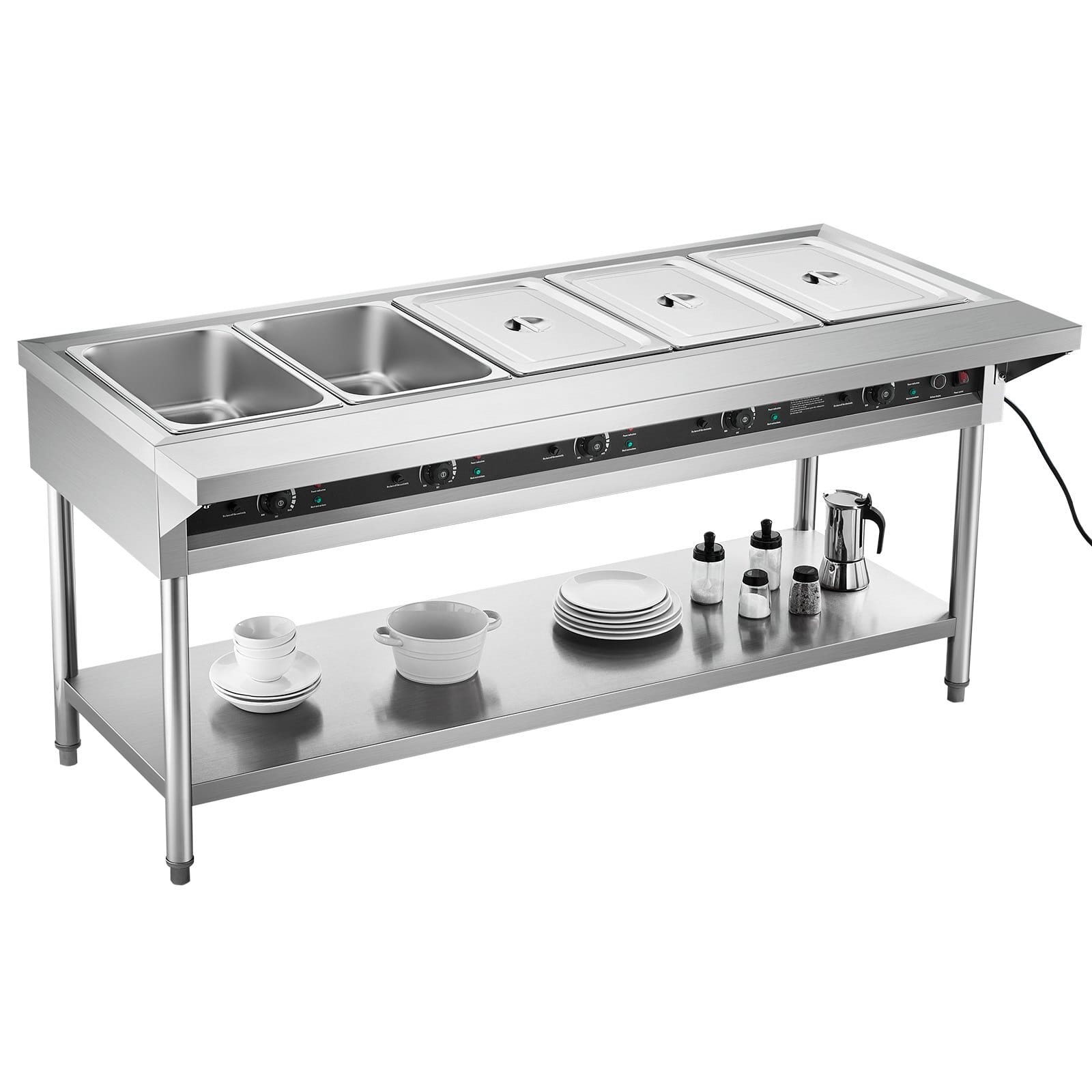 5-Pan Commercial Food Warmer, Electric Steam Table with Independent Temperature Control, 750W x 5 Stainless Steel Buffet Catering Food Warmer with Undershelf and Workspace, for Restaurant