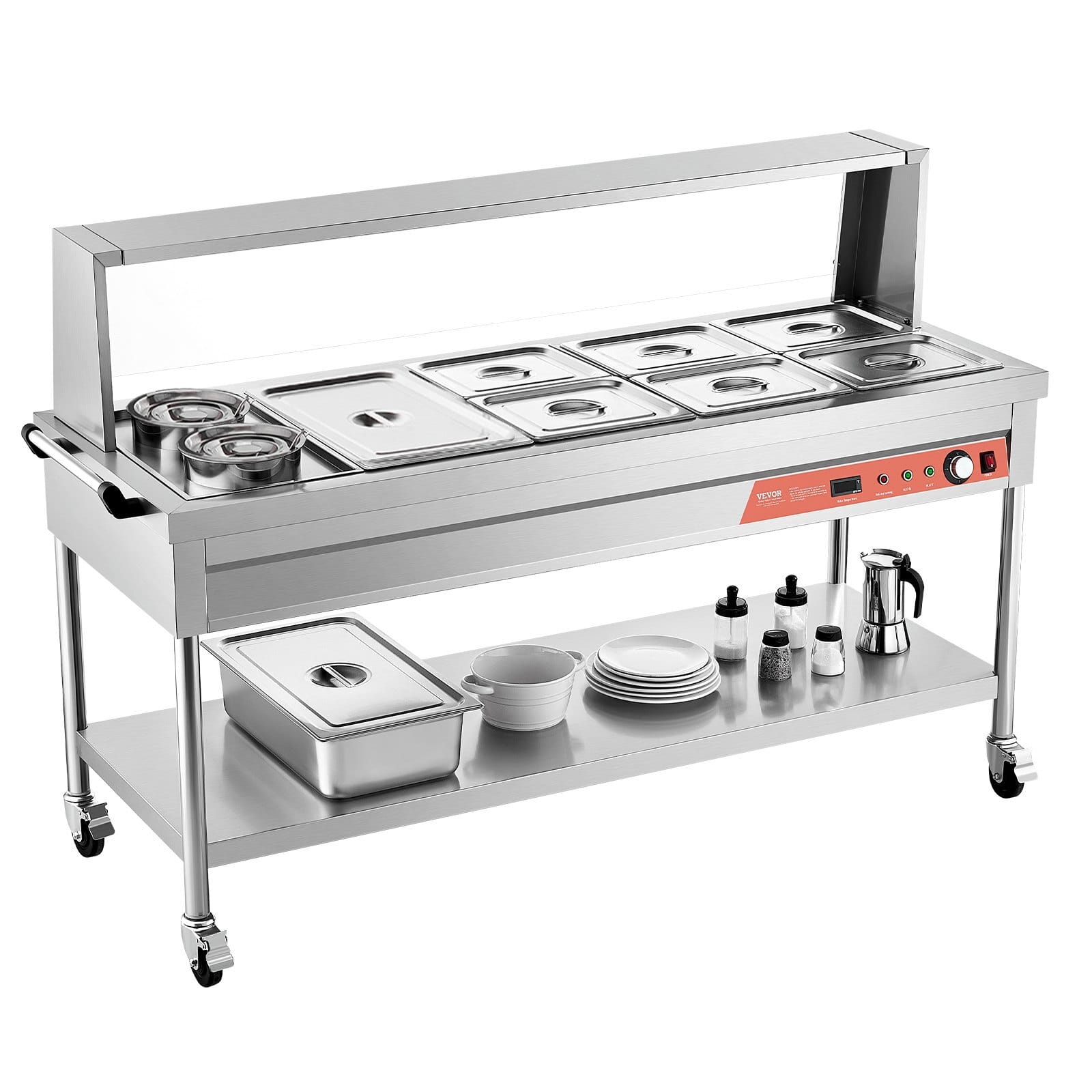 Commercial Electric Food Warmer, 7 Pans + 2 Pots Steam Table, 1800W Professional Buffet Catering Food Warmer with Shield Undershelf Wheels, Stainless Steel Server for Party Restaurant