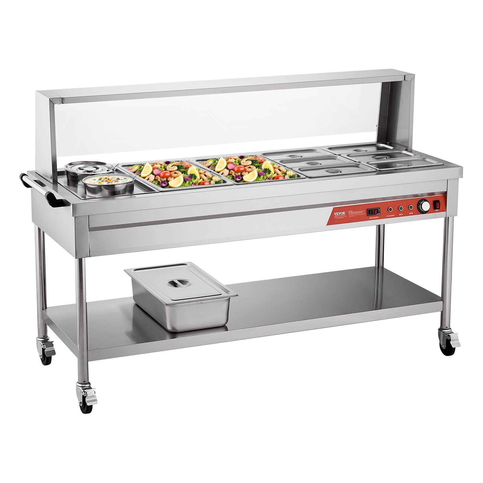 Commercial Food Warmer, 8 Pans + 2 Pots Electric Steam Table, 1800W Professional Buffet Catering Food Warmer with Shield Undershelf Wheels, Stainless Steel Server for Party Restaurant