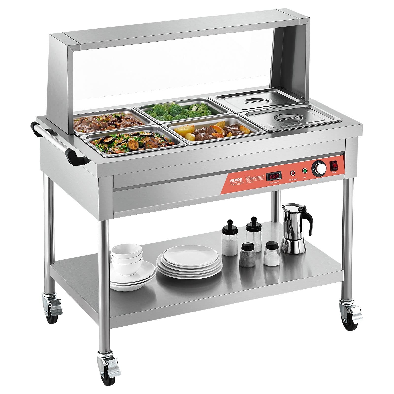 6-Pan Commercial Food Warmer, 6 x 1/2 Pans Electric Steam Table, 1500W Professional Buffet Catering Food Warmer with Shield Undershelf Wheels, Stainless Steel Server for Party Restaurant