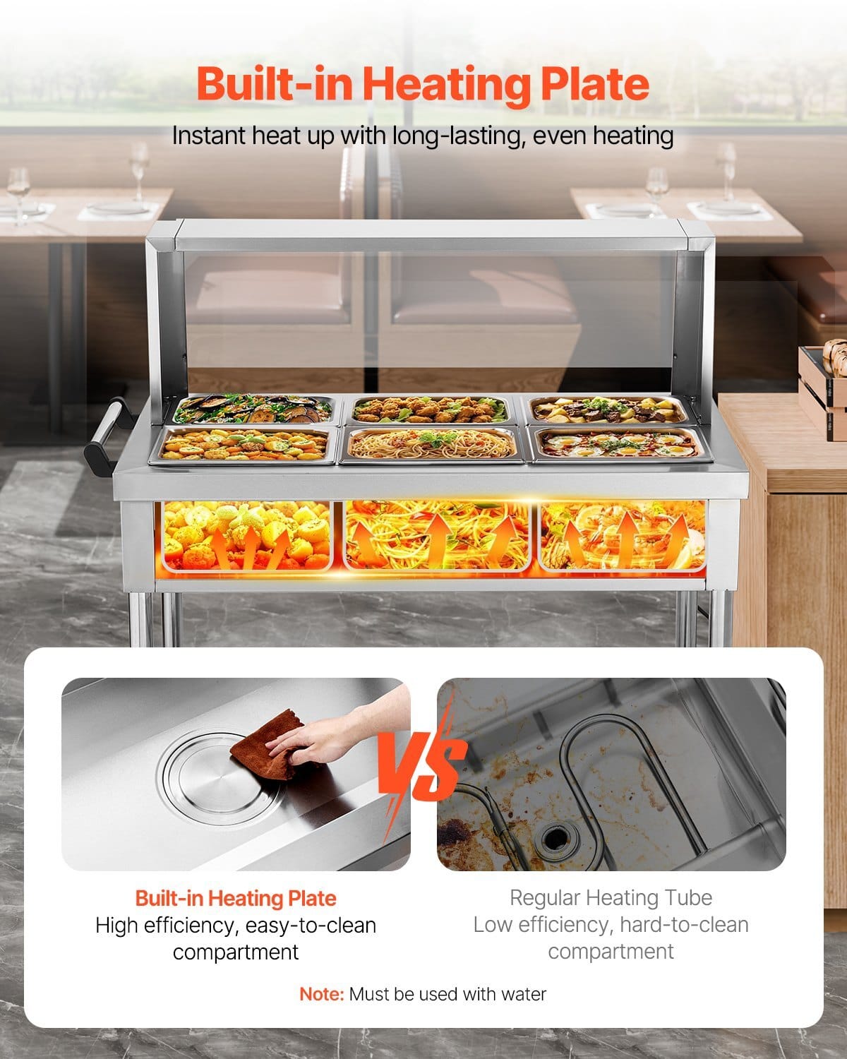 6-Pan Commercial Food Warmer, 6 x 1/2 Pans Electric Steam Table, 1500W Professional Buffet Catering Food Warmer with Shield Undershelf Wheels, Stainless Steel Server for Party Restaurant - Image 2
