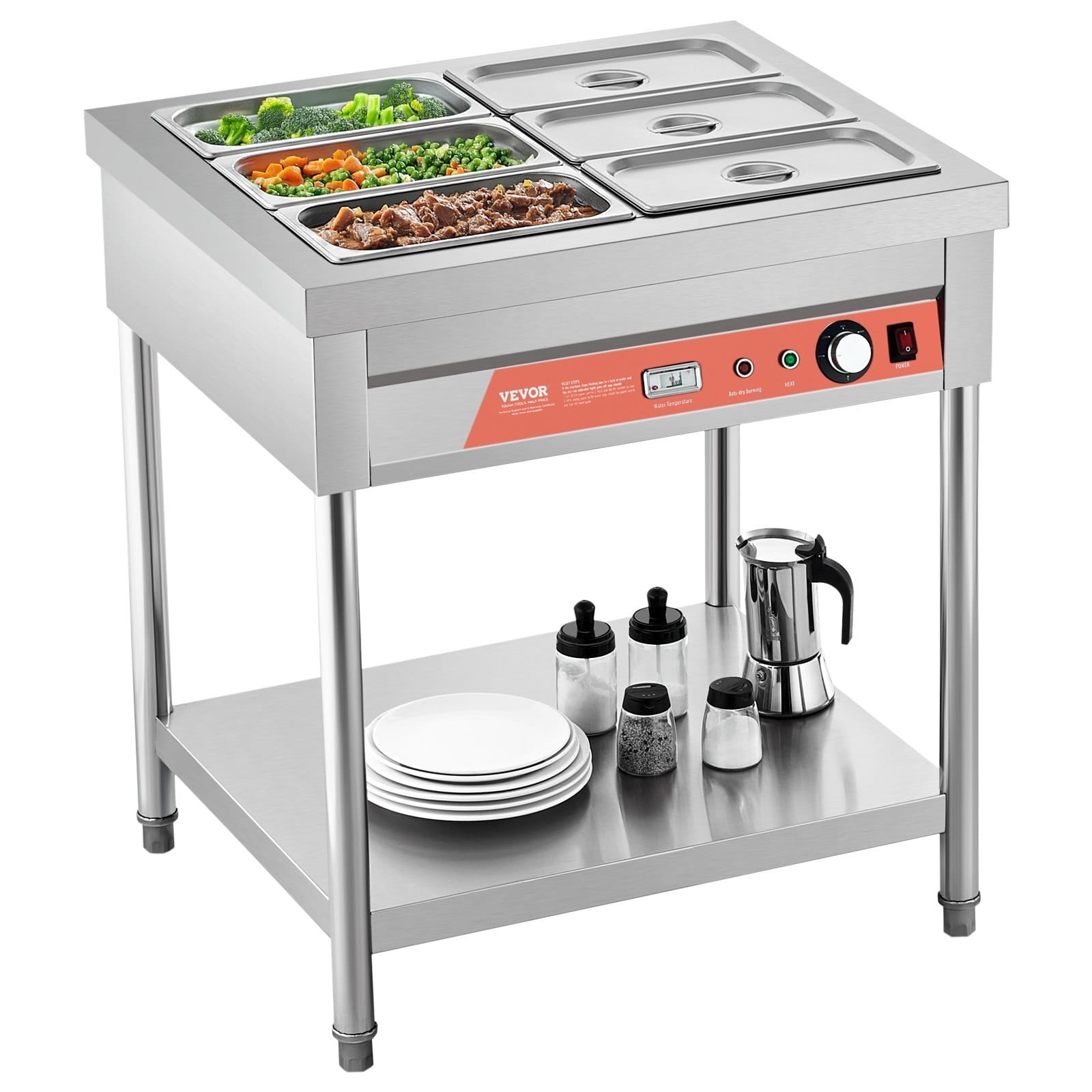 6-Pan Commercial Food Warmer, 6 x 1/3 Pans Electric Steam Table, 1500W Professional Buffet Catering Food Warmer with Undershelf, Stainless Steel Server for Restaurant Party Hotel