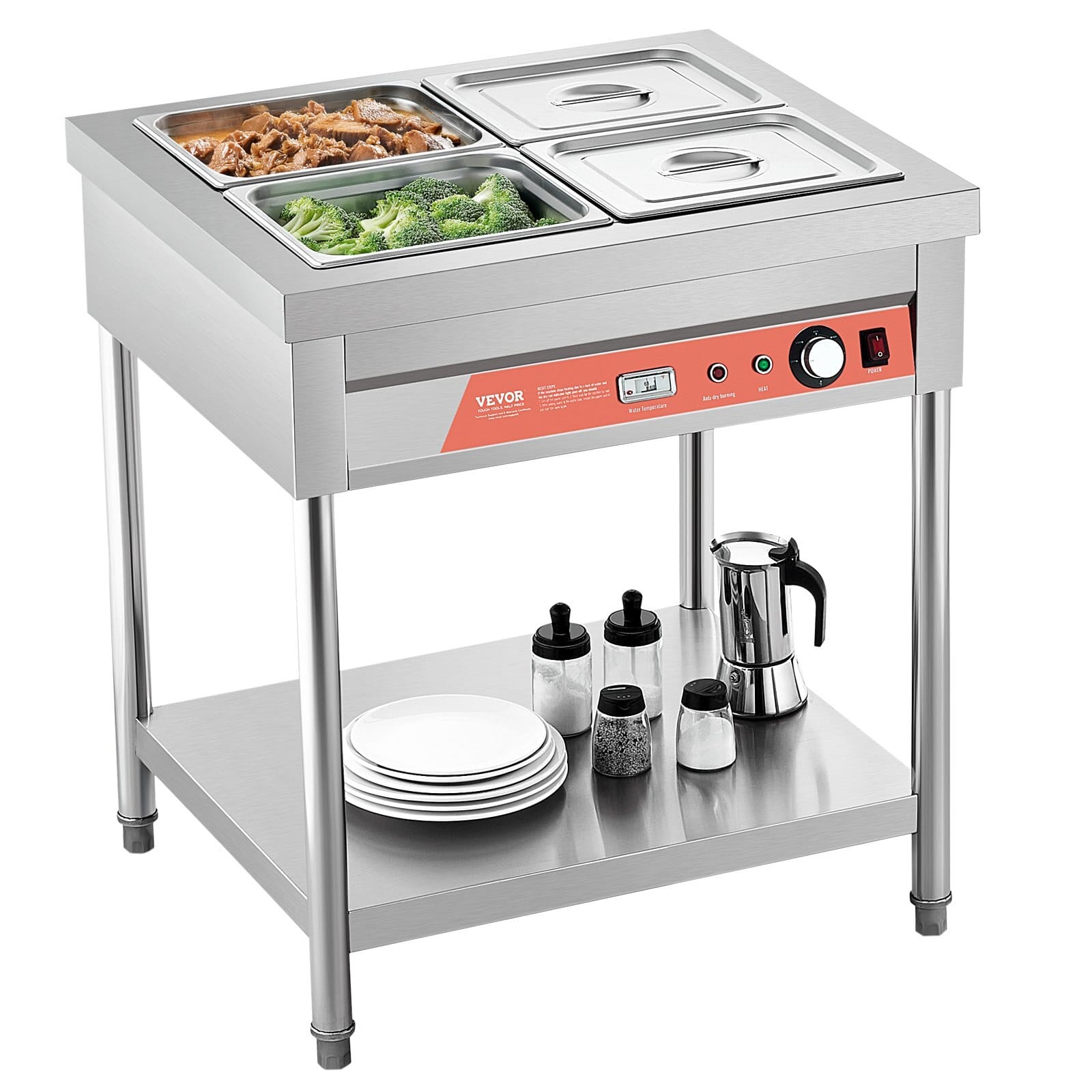 4-Pan Commercial Food Warmer, 4 x 1/2 Pans Electric Steam Table, 1500W Professional Buffet Catering Food Warmer with Undershelf, Stainless Steel Server for Restaurant Party Hotel