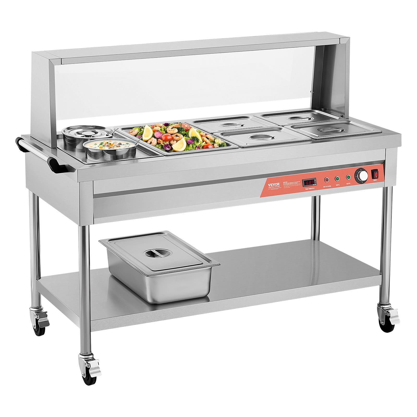 Commercial Food Warmer, 5 Pans + 2 Pots Electric Steam Table, 1800W Professional Buffet Catering Food Warmer with Shield Undershelf Wheels, Stainless Steel Server for Party Restaurant Hotel