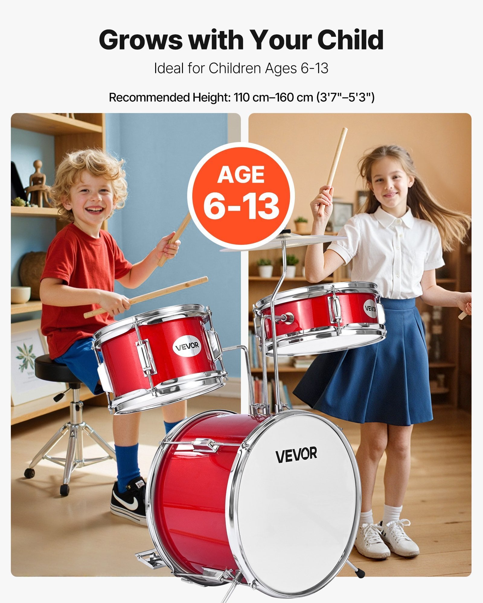 Kids Drum Set, 3-Piece 14 in Junior Drum Sets, Beginner Drums Set with Adjustable Throne, Cymbal & Two Pairs of Drumsticks, Musical Learning Drums Instruments Kit, for Children Ages 6-13 (Red)