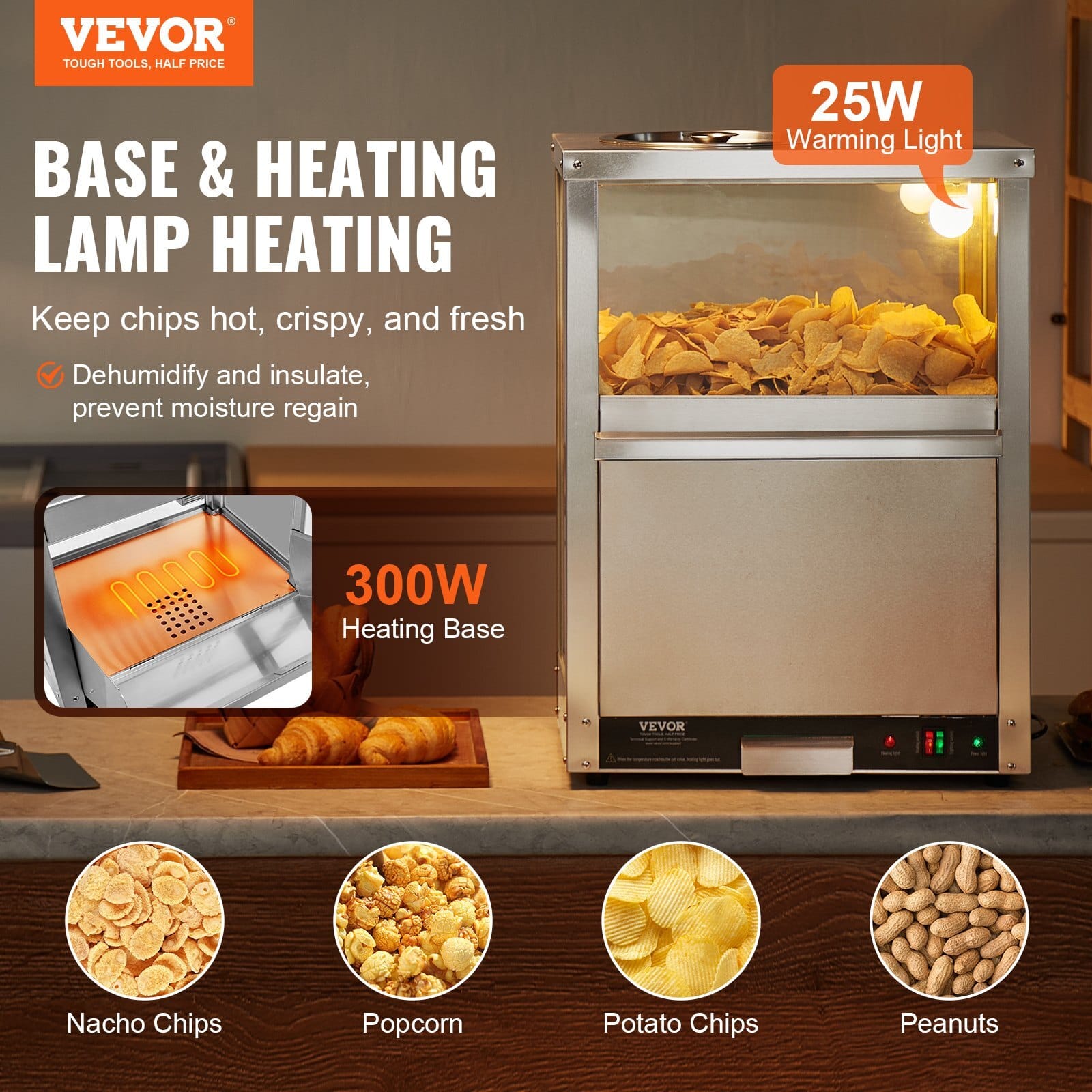 Commercial Nacho Chip Warmer, 84.5QT Chip Warmer Machine with Heating Base and Warming Light, Nacho Machine with Deflection Board, Stainless Steel, for Nacho Chips, Popcorn, Potato Chips, Peanut - Image 2