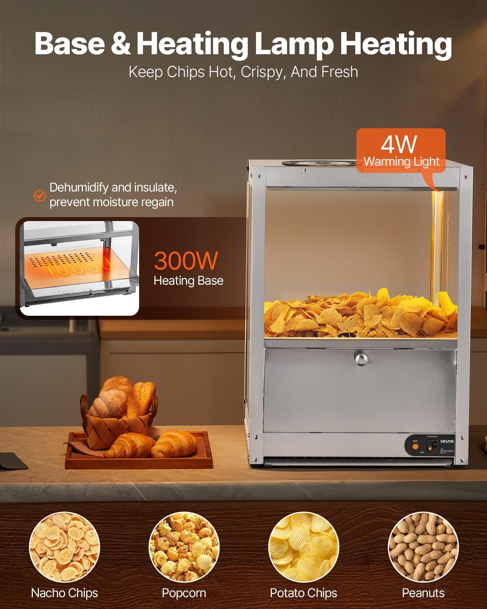 Commercial Nacho Chip Warmer, 85QT Chip Warmer Machine with Heating Base and Warming Light, Nacho Machine with Deflection Board, Stainless Steel, for Nacho Chips, Popcorn, Potato Chips, Peanut
