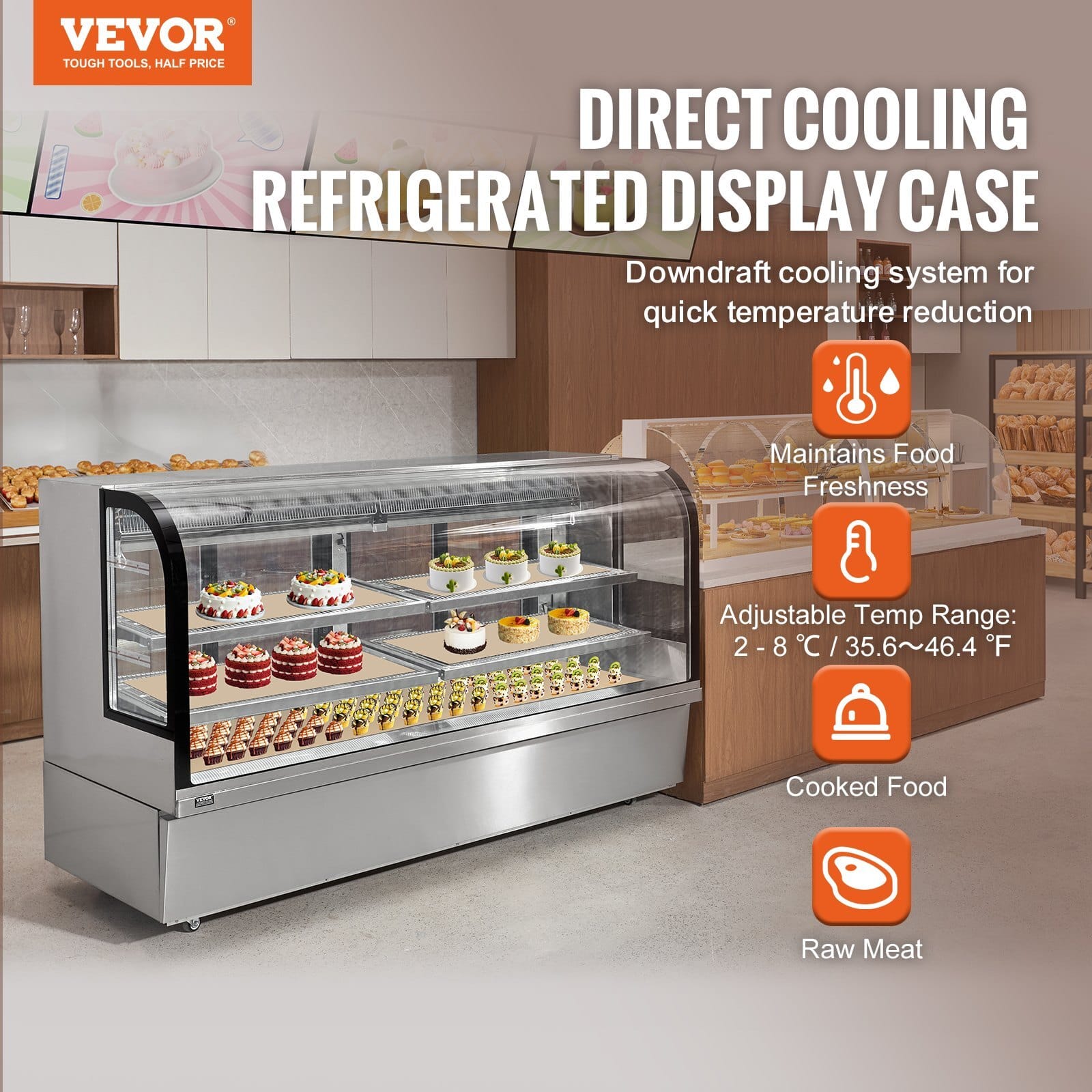 Refrigerated Display Case, 32 Cu.Ft./901L Large Pastry Display Case, 4-Tier Commercial Display Refrigerator with LED Lighting, Downdraft Cooling, Movable with Casters, for Bakery - Image 2