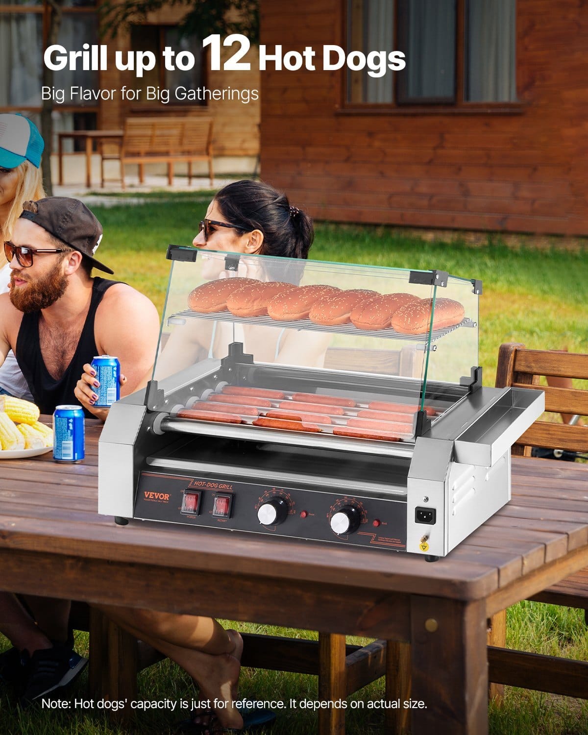 Hot Dog Roller, 12 Hot Dog 5 Rollers, Stainless Steel Sausage Grill Cooker, 750W Commercial Hot Dog Machine with Dual Temp Control, Cover, Side Storage Box, Removable Shelf & Oil Drip Tray - Image 2