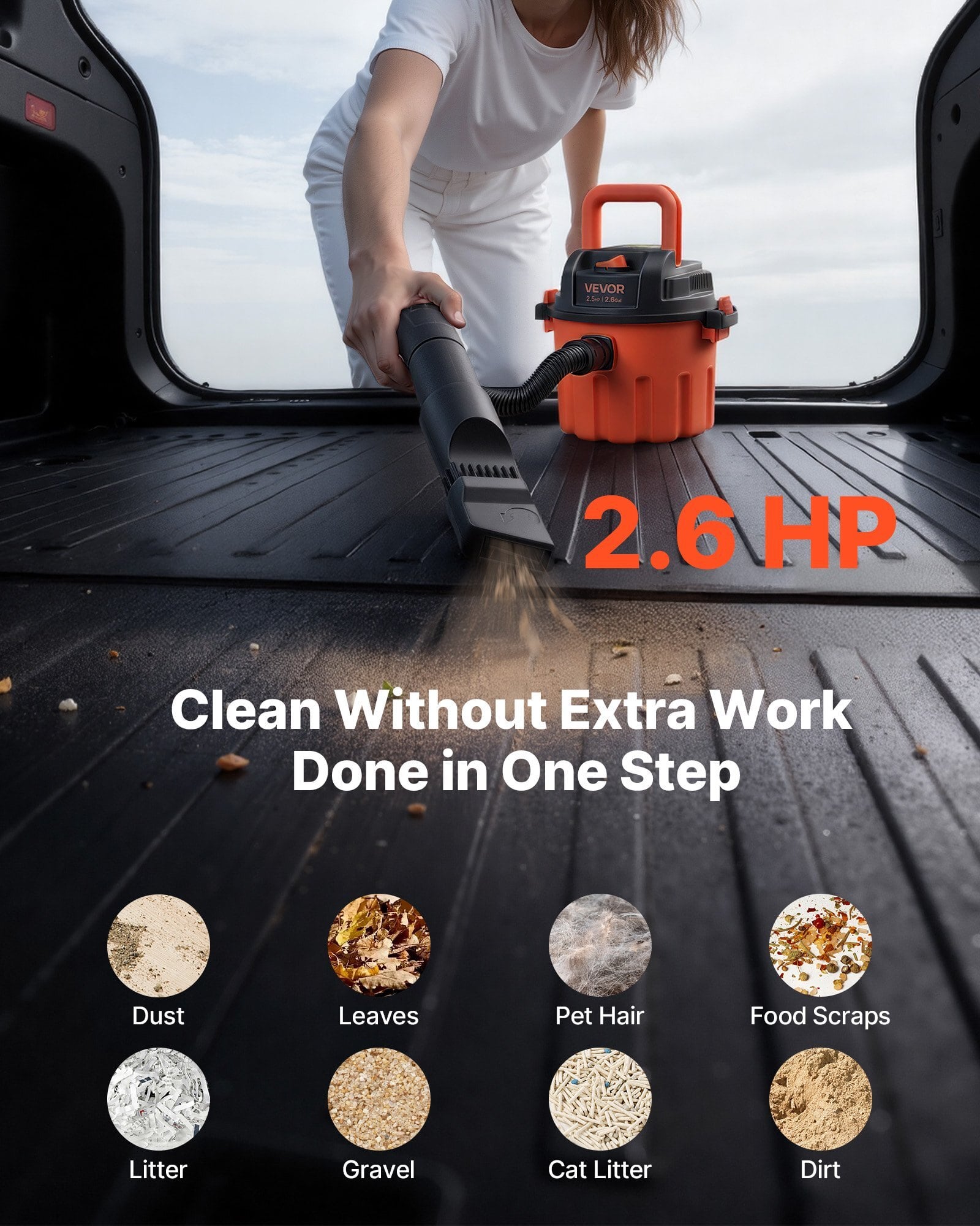 Shop Vac, 2.6 Gallon Dry Shop Vacuum, 2.5 Peak HP Portable with 800W Input Power, Various Nozzles, 1.25in Diameter x 4ft Hose, 9.2ft Cord for Home, Garage, Jobsite, Workshop, Black Orange