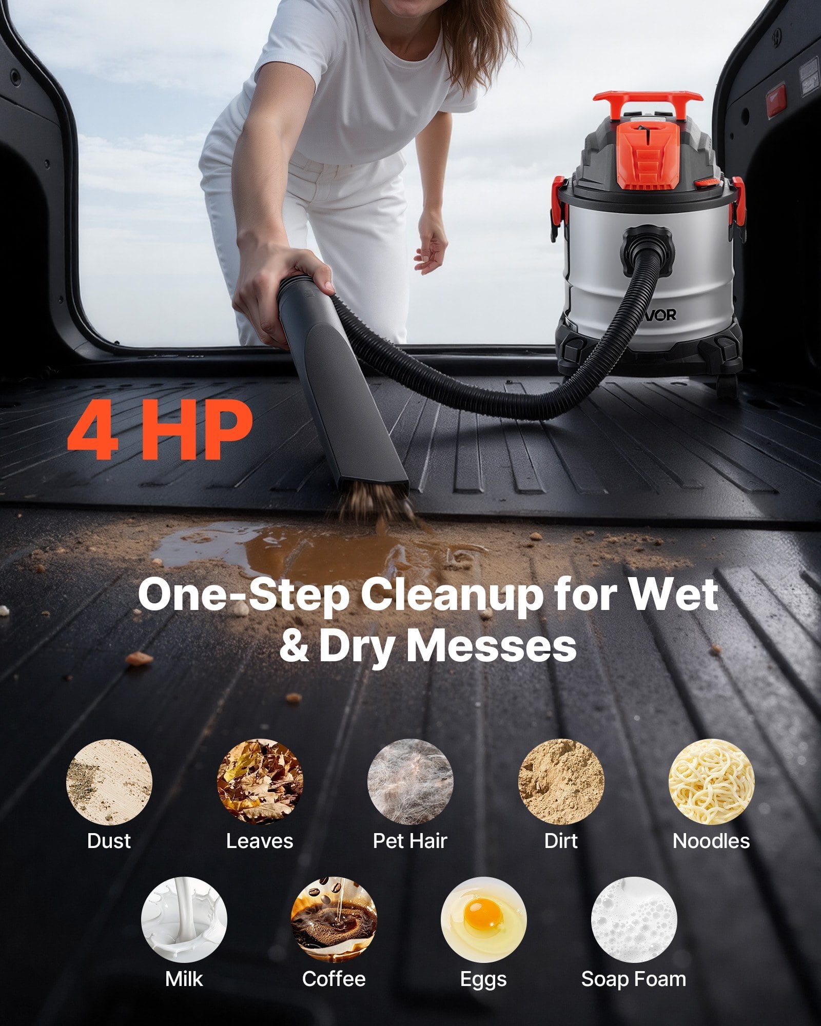 Shop Vac, 5.8 Gallon Wet Dry Shop Vacuum, 4 Peak HP with One-Button Self-Cleaning, Dual-Filter, 900W Input Power, 1.25in x 7ft Hose, 9.8ft Cord, Metal Tank for Jobsite, Workshop, Garage, Home