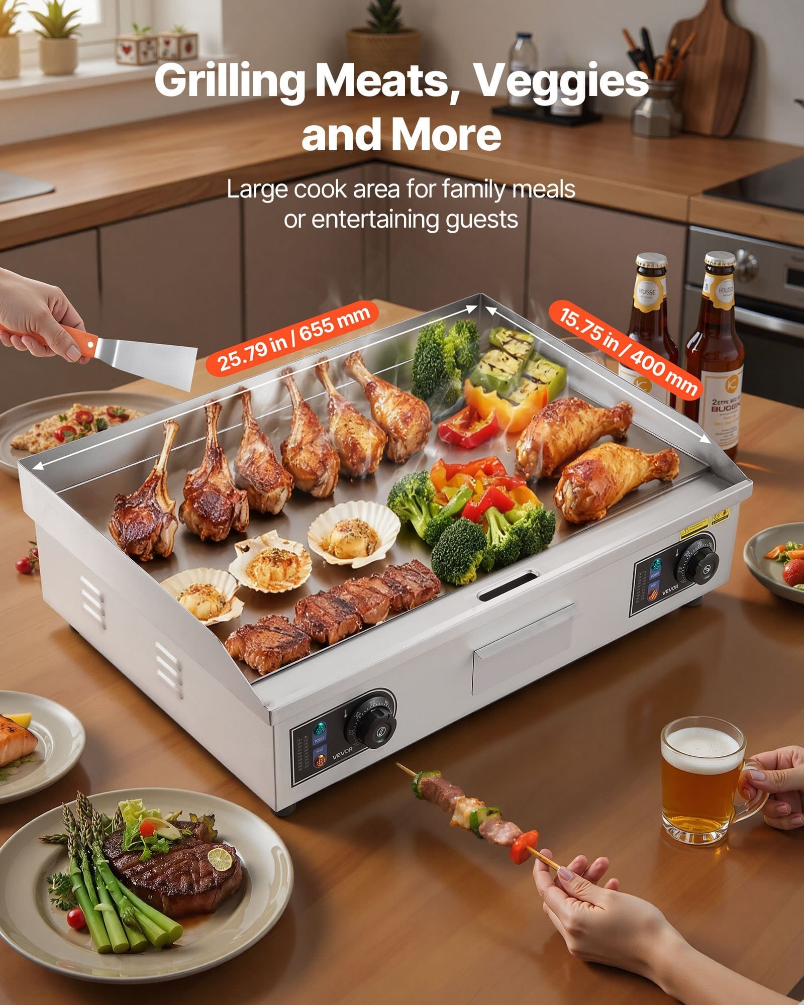 Commercial Electric Griddle, 25.79 x 15.75 inch, 2800W, 122-570?&deg;F Adjustable Temp Control, Stainless Steel Body, Full Flat, with 2 Spatulas, 2 Brushes, and 4 Foot Pads, for Steak, Pancake