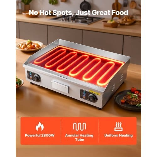 Commercial Electric Griddle, 25.79 x 15.75 inch, 2800W, 122-570?°F Adjustable Temp Control, Stainless Steel Body, Full Flat, with 2 Spatulas, 2 Brushes, and 4 Foot Pads, for Steak, Pancake - Image 2
