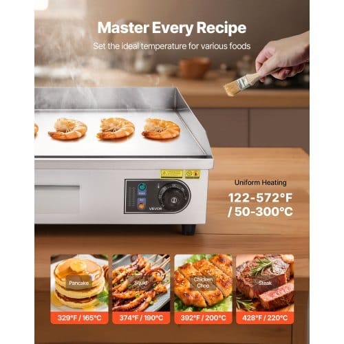 Commercial Electric Griddle, 25.79 x 15.75 inch, 2800W, 122-570?°F Adjustable Temp Control, Stainless Steel Body, Full Flat, with 2 Spatulas, 2 Brushes, and 4 Foot Pads, for Steak, Pancake - Image 3