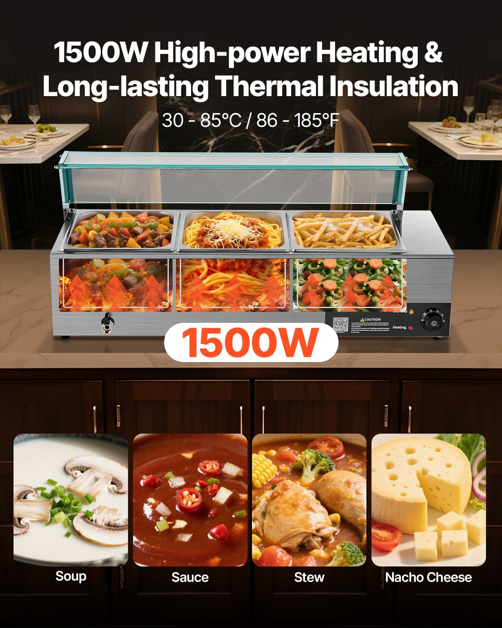 Commercial Food Warmer, 1500W Electric Stainless Steel Steam Food Warmer with Glass Cover, 3-Pan Countertop Buffet Bain Marie with Soup & Perforated Ladles, for Catering, Restaurant & Party