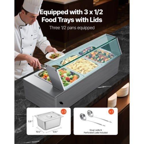 Commercial Food Warmer, 1500W Electric Stainless Steel Steam Food Warmer with Glass Cover, 3-Pan Countertop Buffet Bain Marie with Soup & Perforated Ladles, for Catering, Restaurant & Party - Image 2