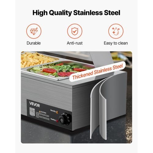 Commercial Food Warmer, 1500W Electric Stainless Steel Steam Food Warmer with Glass Cover, 3-Pan Countertop Buffet Bain Marie with Soup & Perforated Ladles, for Catering, Restaurant & Party - Image 4
