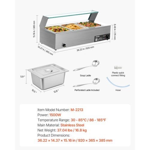 Commercial Food Warmer, 1500W Electric Stainless Steel Steam Food Warmer with Glass Cover, 3-Pan Countertop Buffet Bain Marie with Soup & Perforated Ladles, for Catering, Restaurant & Party - Image 6