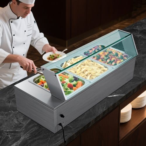 Commercial Food Warmer, 1500W Electric Stainless Steel Steam Food Warmer with Glass Cover, 3-Pan Countertop Buffet Bain Marie with Soup & Perforated Ladles, for Catering, Restaurant & Party - Image 7