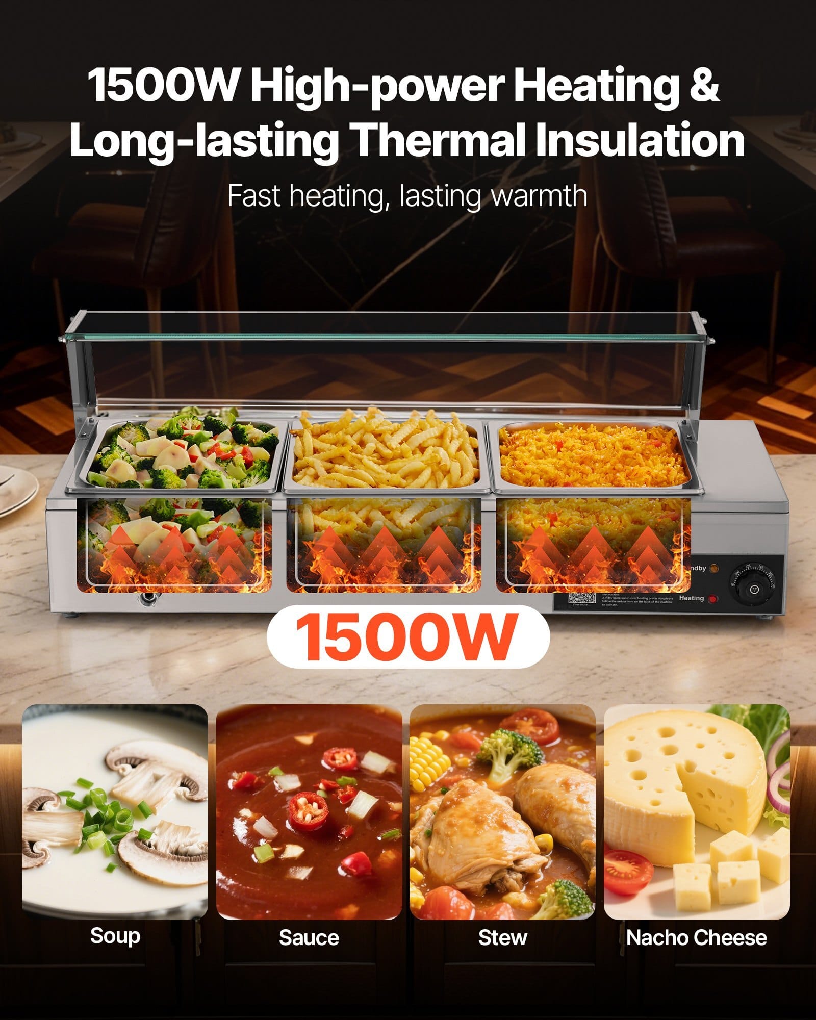 Commercial Food Warmer, 1500W Electric Stainless Steel Steam Food Warmer with Glass Cover, Countertop Buffet Bain Marie with Three 1/2 Size Food Pans, for Catering, Restaurant, Party & Buffets