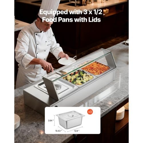 Commercial Food Warmer, 1500W Electric Stainless Steel Steam Food Warmer with Glass Cover, Countertop Buffet Bain Marie with Three 1/2 Size Food Pans, for Catering, Restaurant, Party & Buffets - Image 2