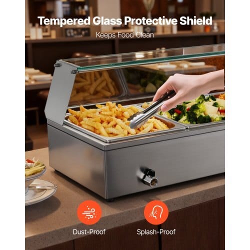 Commercial Food Warmer, 1500W Electric Stainless Steel Steam Food Warmer with Glass Cover, Countertop Buffet Bain Marie with Three 1/2 Size Food Pans, for Catering, Restaurant, Party & Buffets - Image 3