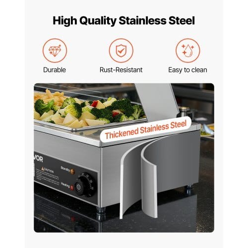 Commercial Food Warmer, 1500W Electric Stainless Steel Steam Food Warmer with Glass Cover, Countertop Buffet Bain Marie with Three 1/2 Size Food Pans, for Catering, Restaurant, Party & Buffets - Image 4