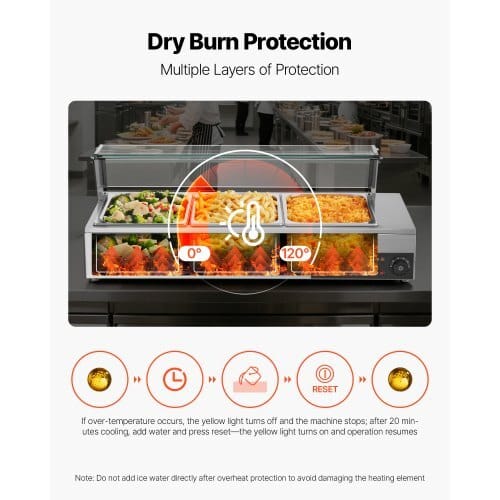 Commercial Food Warmer, 1500W Electric Stainless Steel Steam Food Warmer with Glass Cover, Countertop Buffet Bain Marie with Three 1/2 Size Food Pans, for Catering, Restaurant, Party & Buffets - Image 5