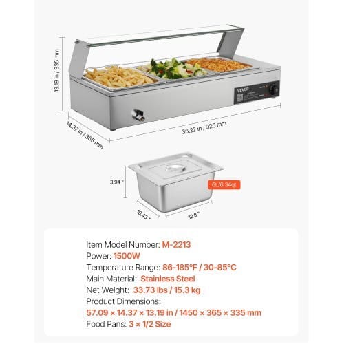 Commercial Food Warmer, 1500W Electric Stainless Steel Steam Food Warmer with Glass Cover, Countertop Buffet Bain Marie with Three 1/2 Size Food Pans, for Catering, Restaurant, Party & Buffets - Image 6