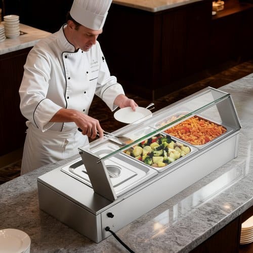 Commercial Food Warmer, 1500W Electric Stainless Steel Steam Food Warmer with Glass Cover, Countertop Buffet Bain Marie with Three 1/2 Size Food Pans, for Catering, Restaurant, Party & Buffets - Image 7