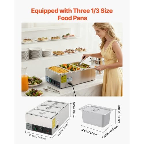 Commercial Food Warmer, 1200W Electric Stainless Steel Steam Food Warmer, Fast Heating Countertop Buffet Bain Marie with Three 1/3 Size Food Pans, for Catering, Restaurants, Parties & Buffets - Image 2