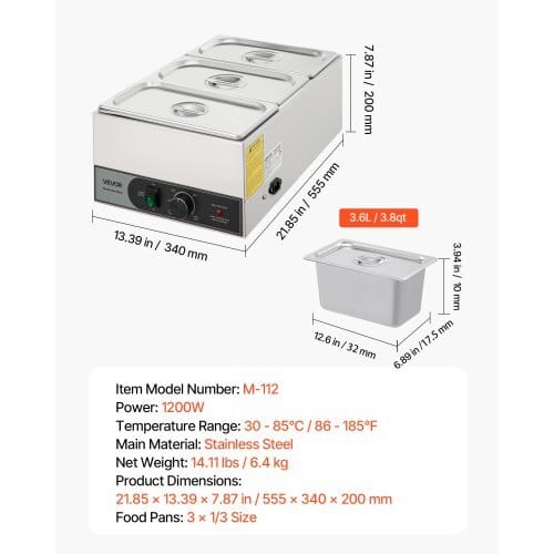 Commercial Food Warmer, 1200W Electric Stainless Steel Steam Food Warmer, Fast Heating Countertop Buffet Bain Marie with Three 1/3 Size Food Pans, for Catering, Restaurants, Parties & Buffets - Image 6