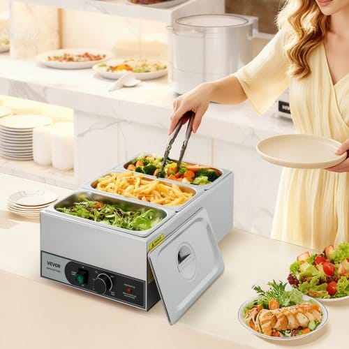 Commercial Food Warmer, 1200W Electric Stainless Steel Steam Food Warmer, Fast Heating Countertop Buffet Bain Marie with Three 1/3 Size Food Pans, for Catering, Restaurants, Parties & Buffets - Image 7